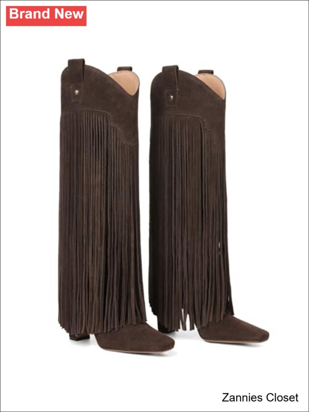 ✨ Mattiventon Knee High Boots Suede Fringe Square Toe Chunky Heel Pull On Tall